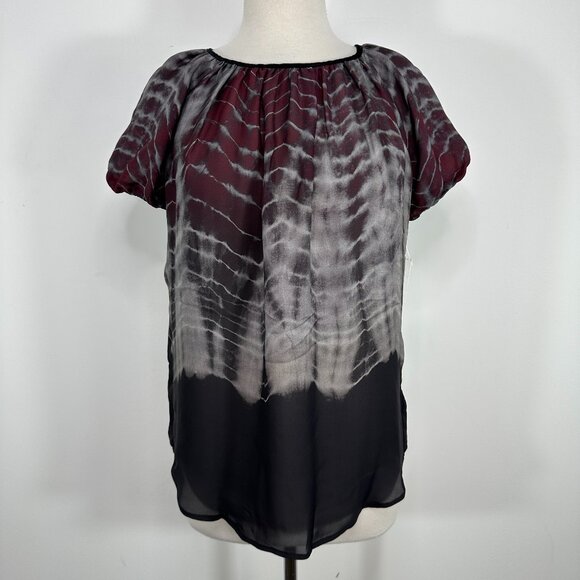 NWT L'AGENCE Blouse Silk Black Tie Dye Short Sleeve Keyhole Back Top Womens 2 - Picture 1 of 12